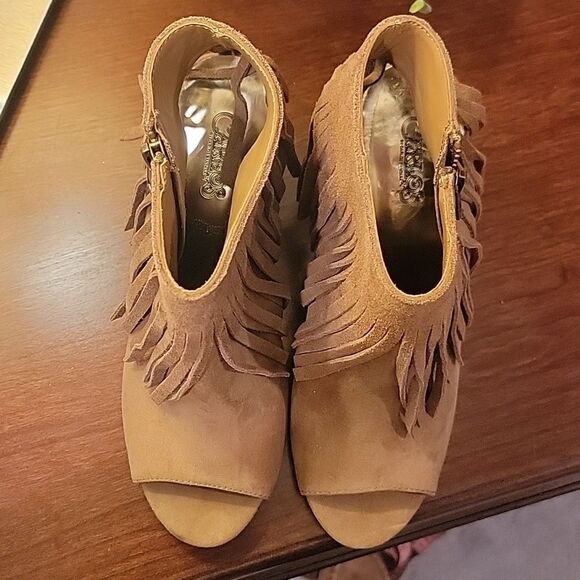 Carlos Santana suede fringe high heeled booties peep toe size 6.5 - Picture 4 of 10